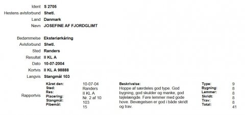 Josefine af Fjordglimt  - Kåringsbeskrivelse